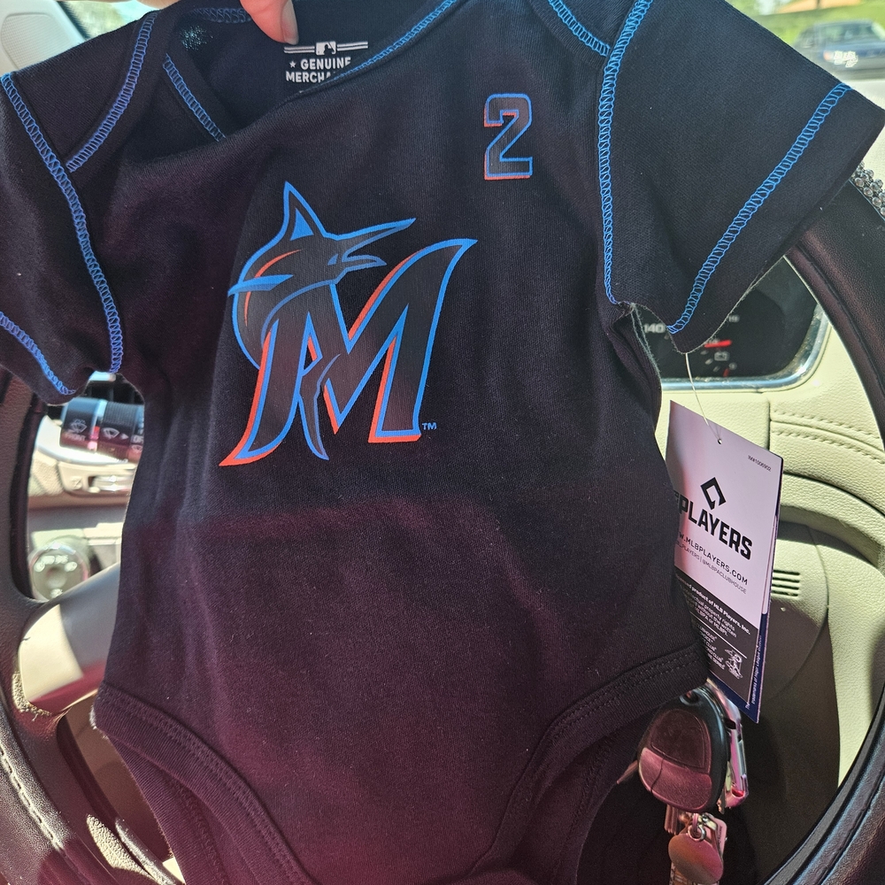 Genuine Merchandise Marlins Black Onesie with Blue Accents